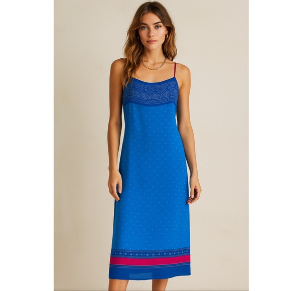 VTG 90's LAUNDRY Shelli Segal Blue Floral Slip Maxi Dress Size 4 Fairy Y2K Bead - Picture 1 of 11